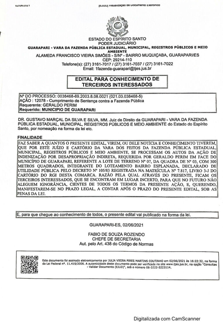 Edital para conhecimento de terceiros interessados