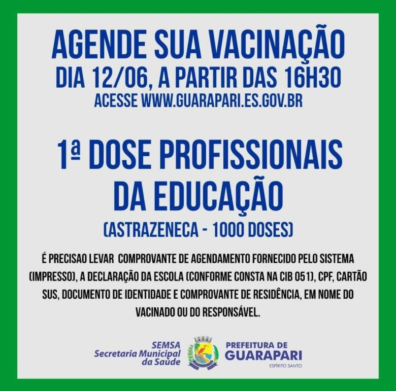 WhatsApp Image 2021 06 12 at 08.36.24 - Covid-19: Guarapari abre agendamento para pessoas acima de 50 anos e profissionais da educação