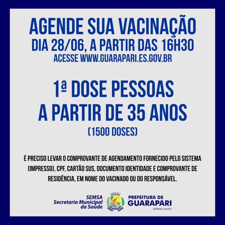 vacina 35 - Guarapari realiza primeiro agendamento para vacinar pessoas acima de 35 anos contra Covid-19