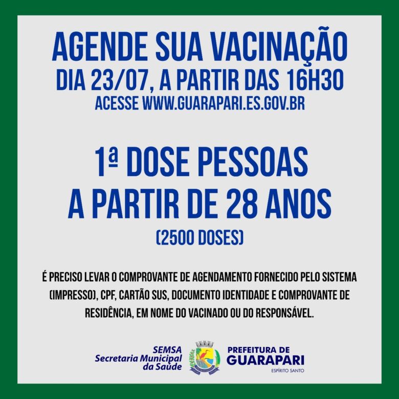 Guarapari abre novo agendamento para imunizar pessoas acima de 28 anos contra Covid-19