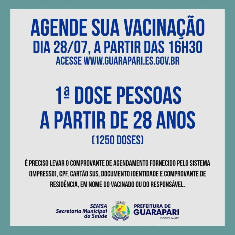 agendamento 28 - Guarapari abre agendamento para vacinar pessoas a partir de 28 anos contra a Covid-19