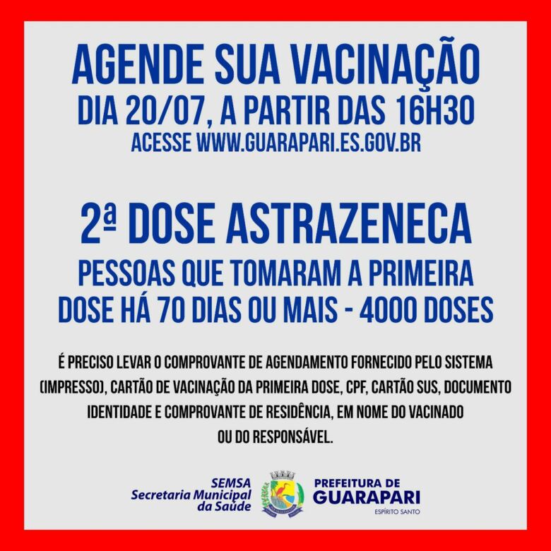 Guarapari abre agendamento para 2ª dose Astrazeneca nesta terça (20)