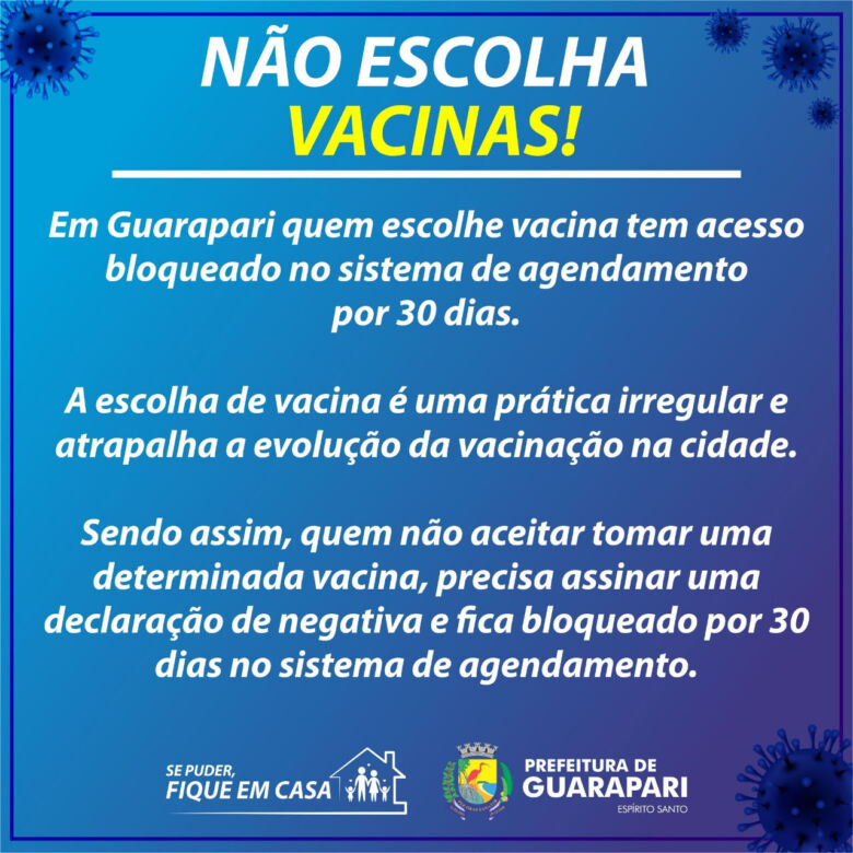 Guarapari: morador que recusar vacina contra Covid-19 ficará um mês sem poder agendar novamente