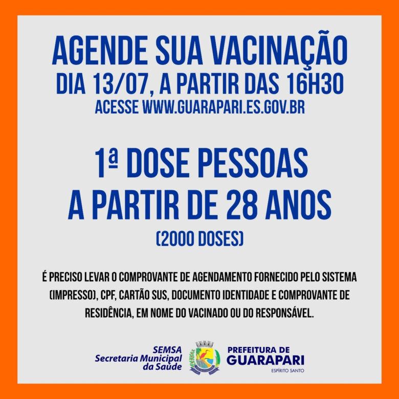 Guarapari abre agendamento para vacinação contra Covid-19 do público acima de 28 anos