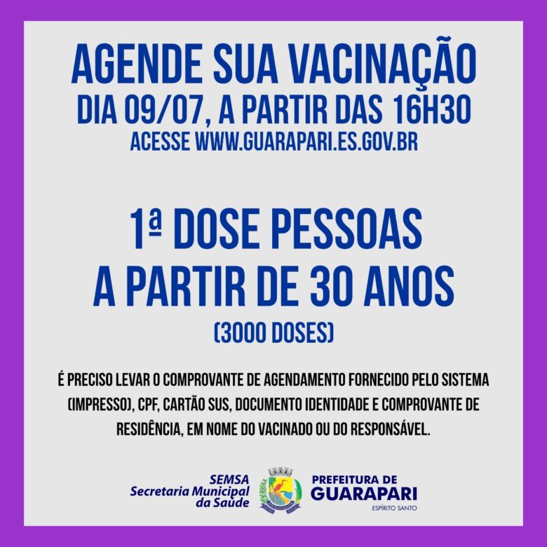 vacinacao guarapari 30 2021 07 08 - Guarapari abre novo agendamento para imunizar pessoas acima de 30 anos contra Covid-19