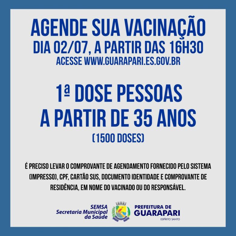 vacinacao mais de 35 3 2021 07 01 - Guarapari abre novo agendamento para pessoas acima de 35 anos