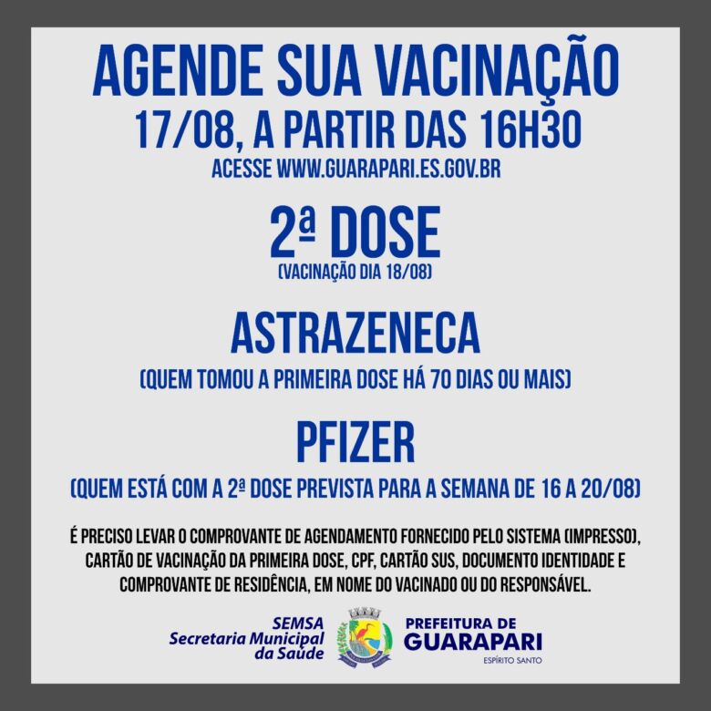 Agendamento para segunda dose da Astrazeneca e da Pfizer abre amanhã (17) em Guarapari
