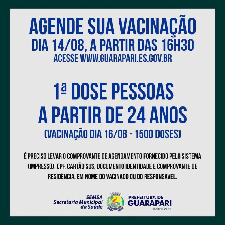 agendamento covid 2021 08 13 - Guarapari vai abrir 1.500 doses para imunizar pessoas acima de 24 anos contra Covid-19