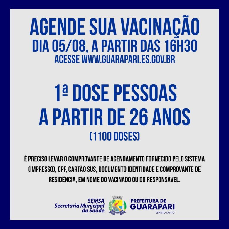 agendamento vacina covid 19 2021 08 05 - Vacina Covid-19: Guarapari abre primeiro agendamento para pessoas com mais de 26 anos