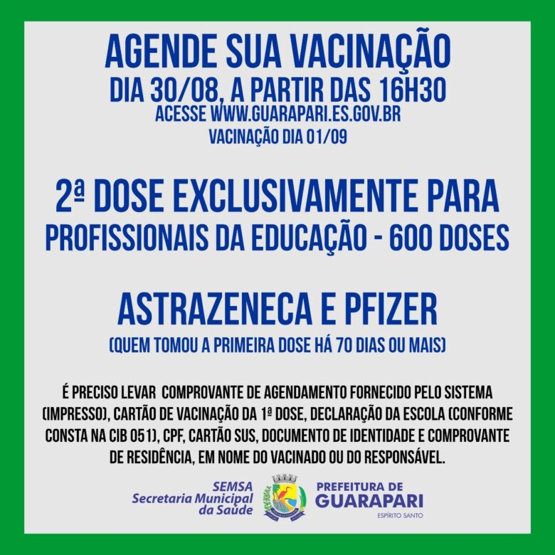 Imunização Covid-19: Guarapari abre agendamento de segunda dose para profissionais da educação