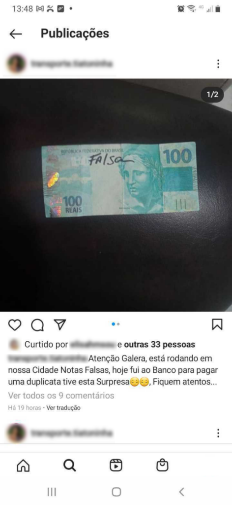 Moradora de Guarapari recebe nota falsa de R$ 100 e faz alerta