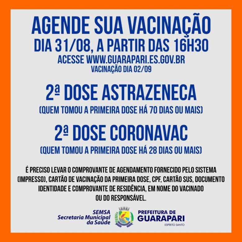 Vacina: novo agendamento para 2ª dose em Guarapari