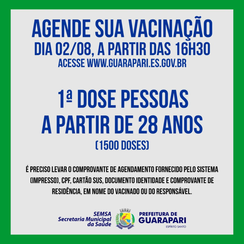 Vacinação Covid-19: Guarapari abre novo agendamento para pessoas acima de 28 anos