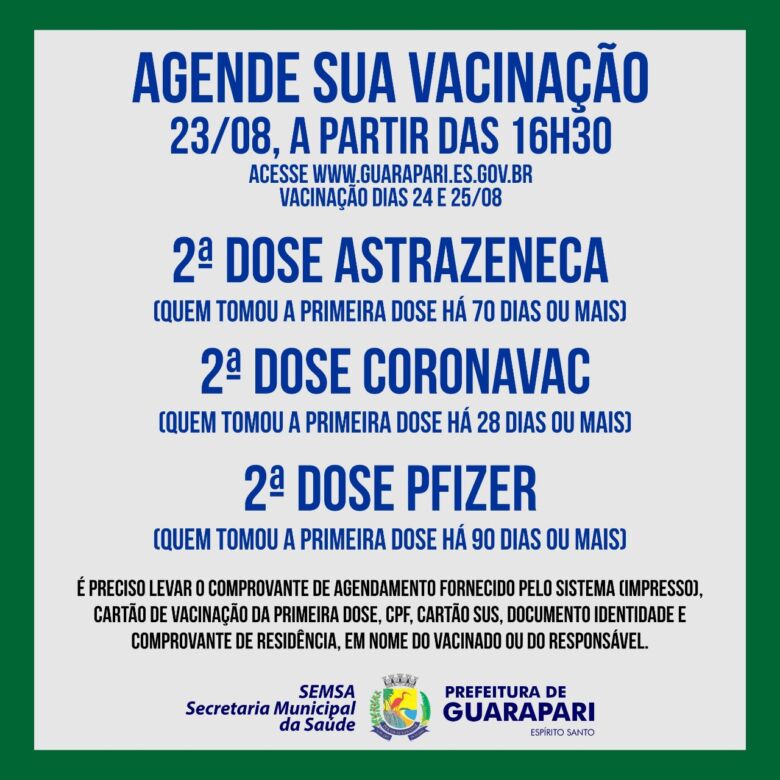 segundas doses - Guarapari abre agendamento para segunda dose de AstraZeneca, Pfizer e Coronavac
