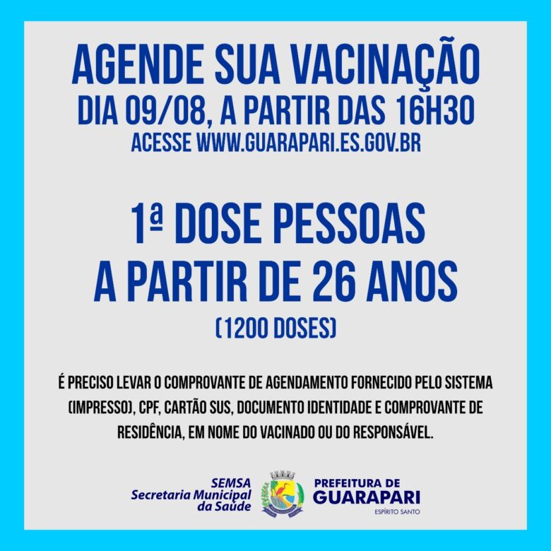 terceira vacina 26 - Guarapari abre outro agendamento para vacinação contra a Covid-19 de pessoas acima de 26 anos