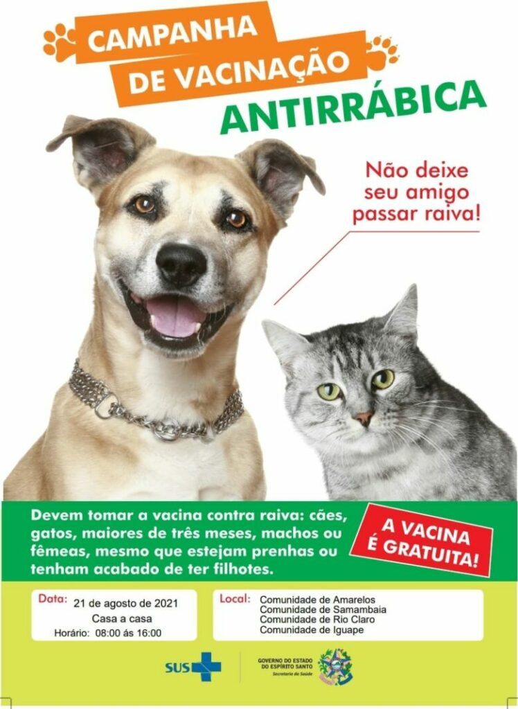 Campanha de vacinação antirrábica para cães e gatos começa sábado (21) em Guarapari