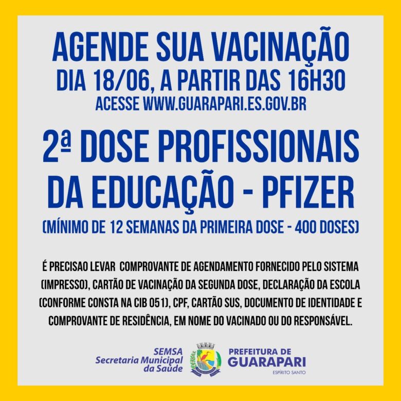 Vacina Covid-19: Guarapari abre agendamento para segunda dose de profissionais da educação