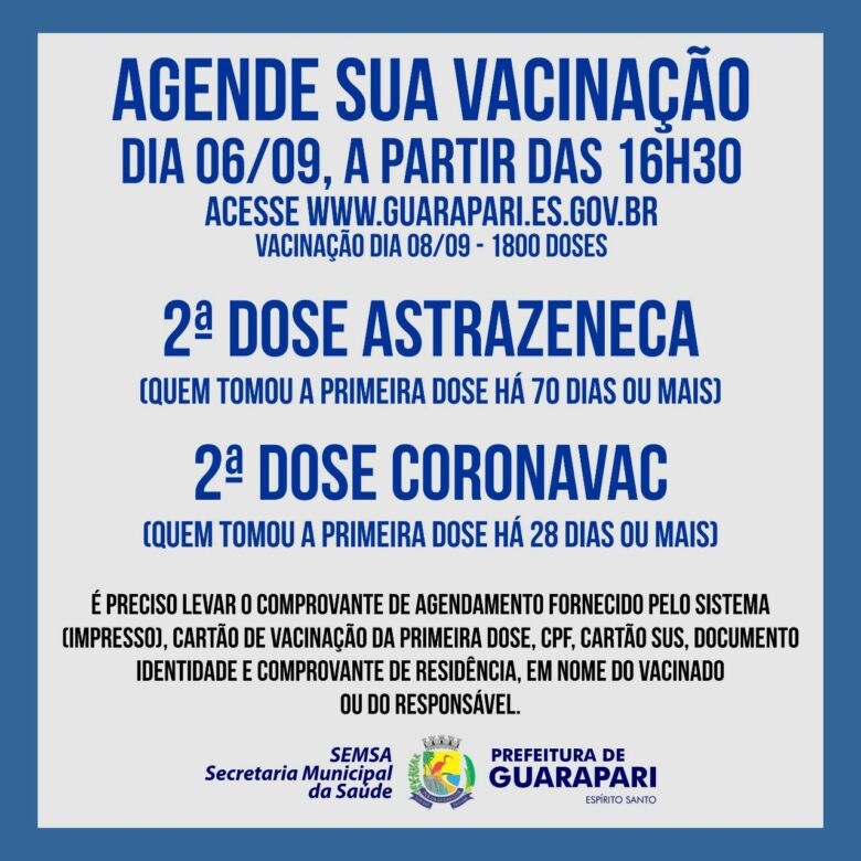 Covid-19: Guarapari disponibiliza mais 1.800 doses para D2 da Astrazeneca e Coronavac