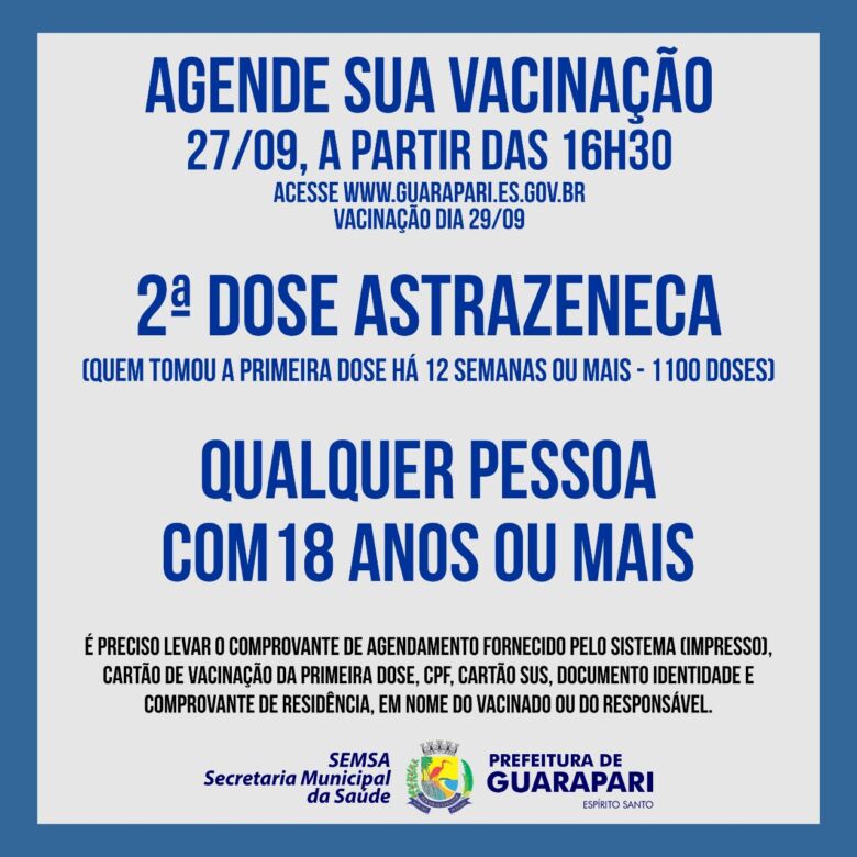 Prefeitura de Guarapari realiza novo agendamento para segunda dose de AstraZeneca