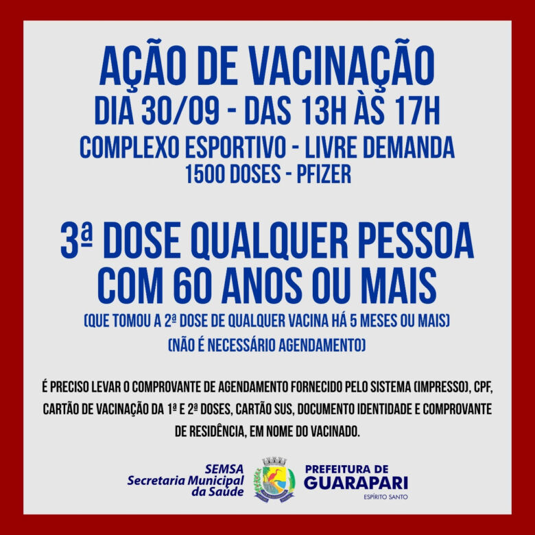 Vacinação Covid-19: ações para 3ª dose e 1ª dose da Pfizer nesta semana em Guarapari