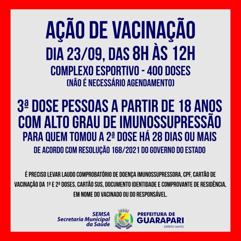 Guarapari: ação de vacinação para maiores de 18 anos com alto grau de imunossupressão