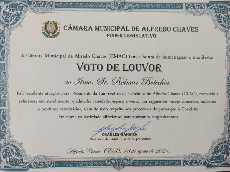 Presidente da Cooperativa de Laticínios de Alfredo Chaves é homenageado em sessão da Câmara