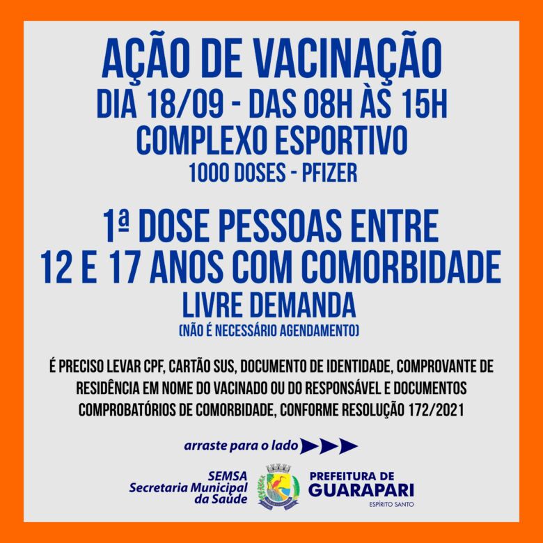 Guarapari: ação de vacinação sem agendamento para adolescentes com comorbidades