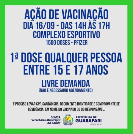 Guarapari vai imunizar público entre 15 e 17 anos em ação sem agendamento