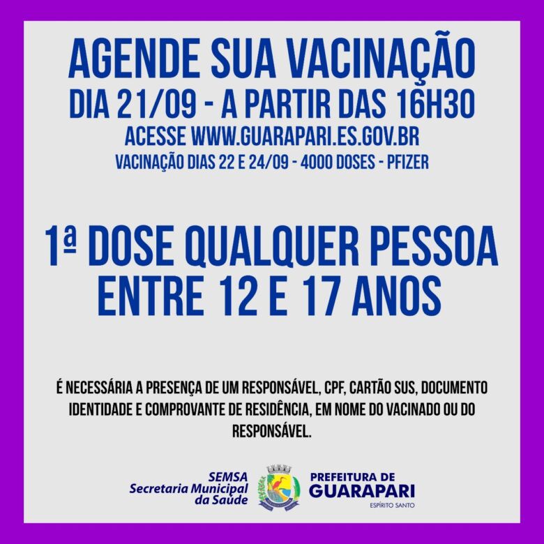 Guarapari vacinará adolescentes a partir dos 12 anos; o agendamento acontece hoje (21)