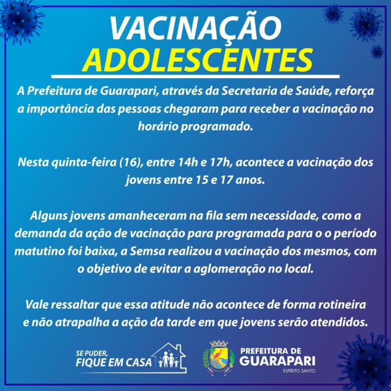 vacinacao adolescentes guarapari 2021 09 16 - Desencontro de informações causa aglomeração em vacinação de adolescentes de Guarapari