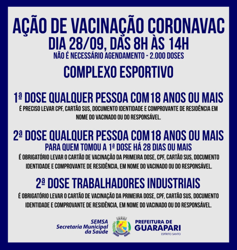 Covid-19: Guarapari realiza ação sem agendamento para imunização com a vacina Coronavac
