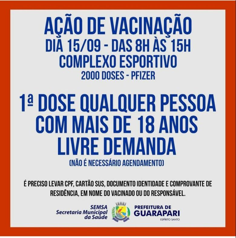 Vacinação: primeira dose contra Covid-19 sem agendamento em Guarapari
