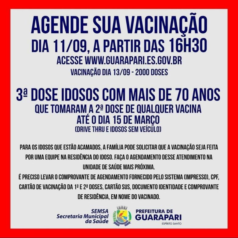 Guarapari divulga agendamento de terceira dose de vacina da Covid-19 para idosos