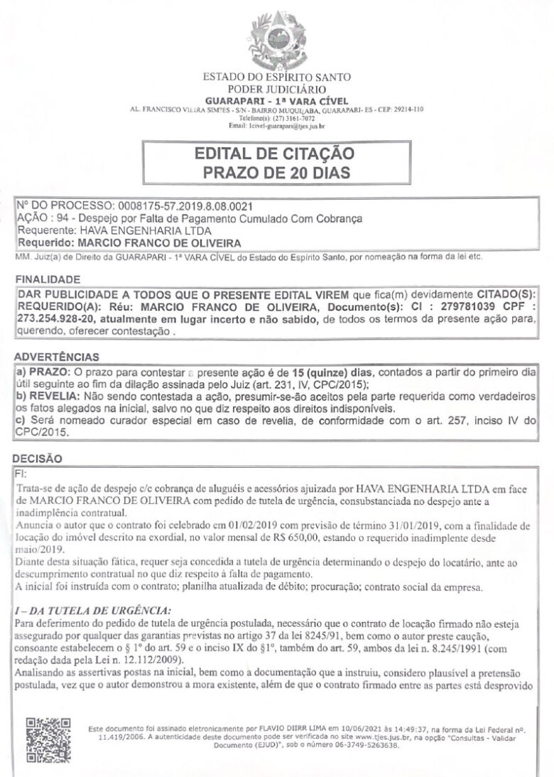 Edital de Citação – Prazo de 20 dias