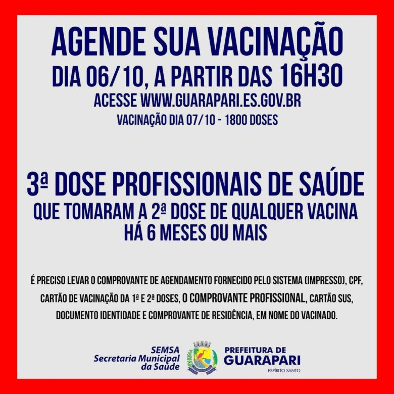 Vacina Covid-19: Guarapari abre agendamento de terceira dose para profissionais de saúde