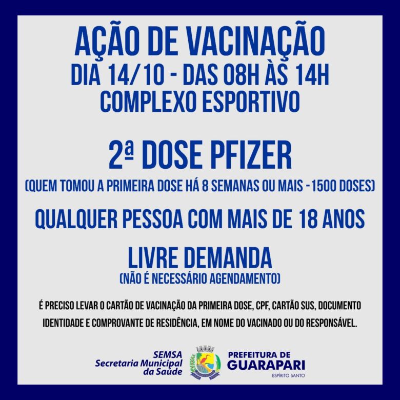 Ação de vacinação para segunda dose da Pfizer acontece amanhã (14) em Guarapari