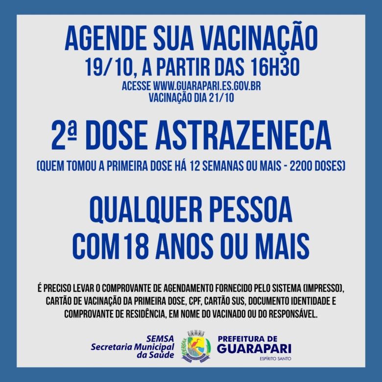 Prefeitura de Guarapari abre agendamento para segunda dose de vacina da AstraZeneca