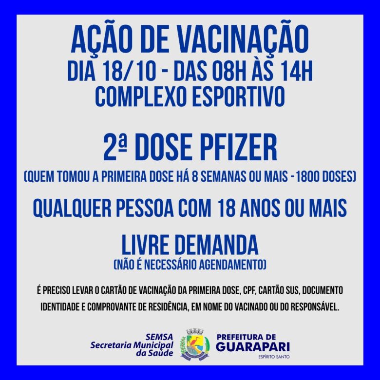 Guarapari realiza vacinação sem agendamento para segunda dose de vacina da Pfizer na segunda-feira (18)