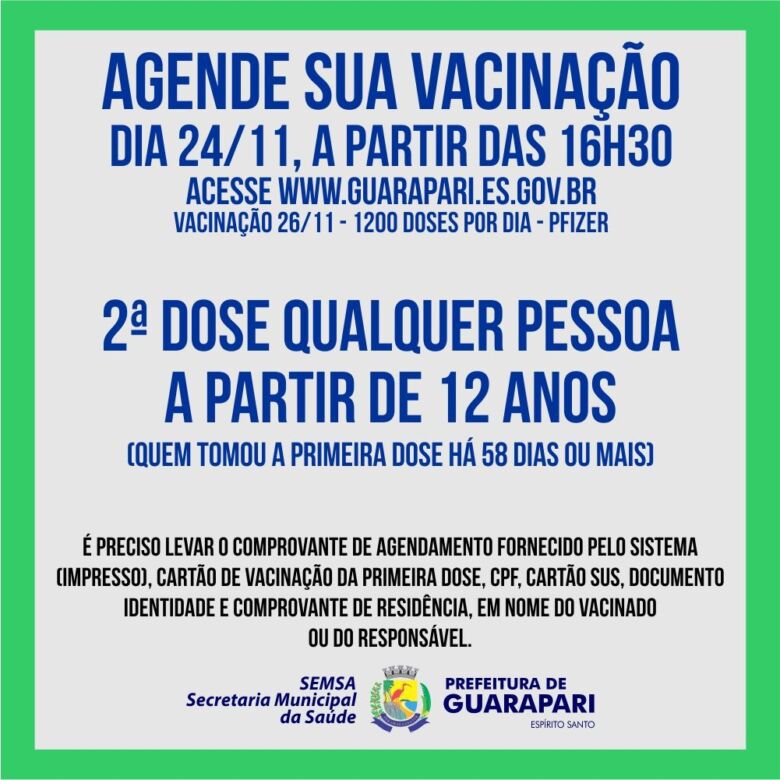 2 dose 12 anos - Guarapari: agendamento para segunda dose da vacina contra a Covid-19 nesta quarta (24)