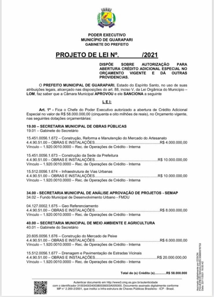Credito adicional prefeitura - Prefeito solicita crédito adicional de 58 mi; orçamento 2021 de Guarapari é de 589 mi