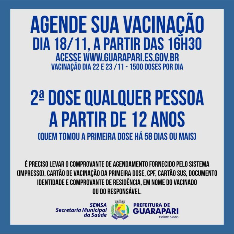 WhatsApp Image 2021 11 17 at 16.49.16 - Covid-19: Guarapari abre agendamento de segunda dose para pessoas com mais de 12 anos