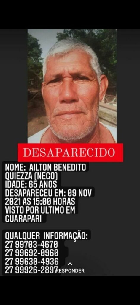 desaparecido sr ailton benedito quiezza 1 - Família oferece recompensa para encontrar idoso que desapareceu na região rural de Guarapari