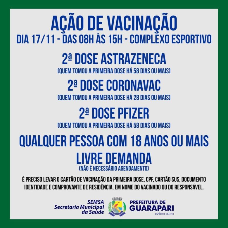vacinacao sem agendamento d2 covid 2021 11 16 - Vacinação sem agendamento para D2 da Covid-19 acontece nesta manhã (17) em Guarapari