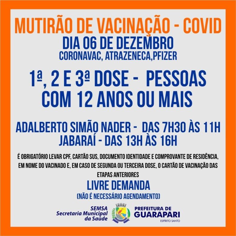 Mutirão vai aplicar vacina da Covid-19 para diversos públicos em bairros de Guarapari