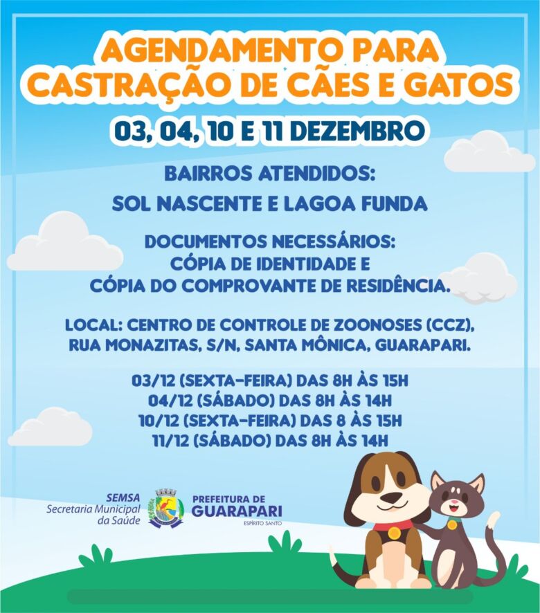 Prefeitura realiza ação de agendamento para castração de cães e gatos em Guarapari