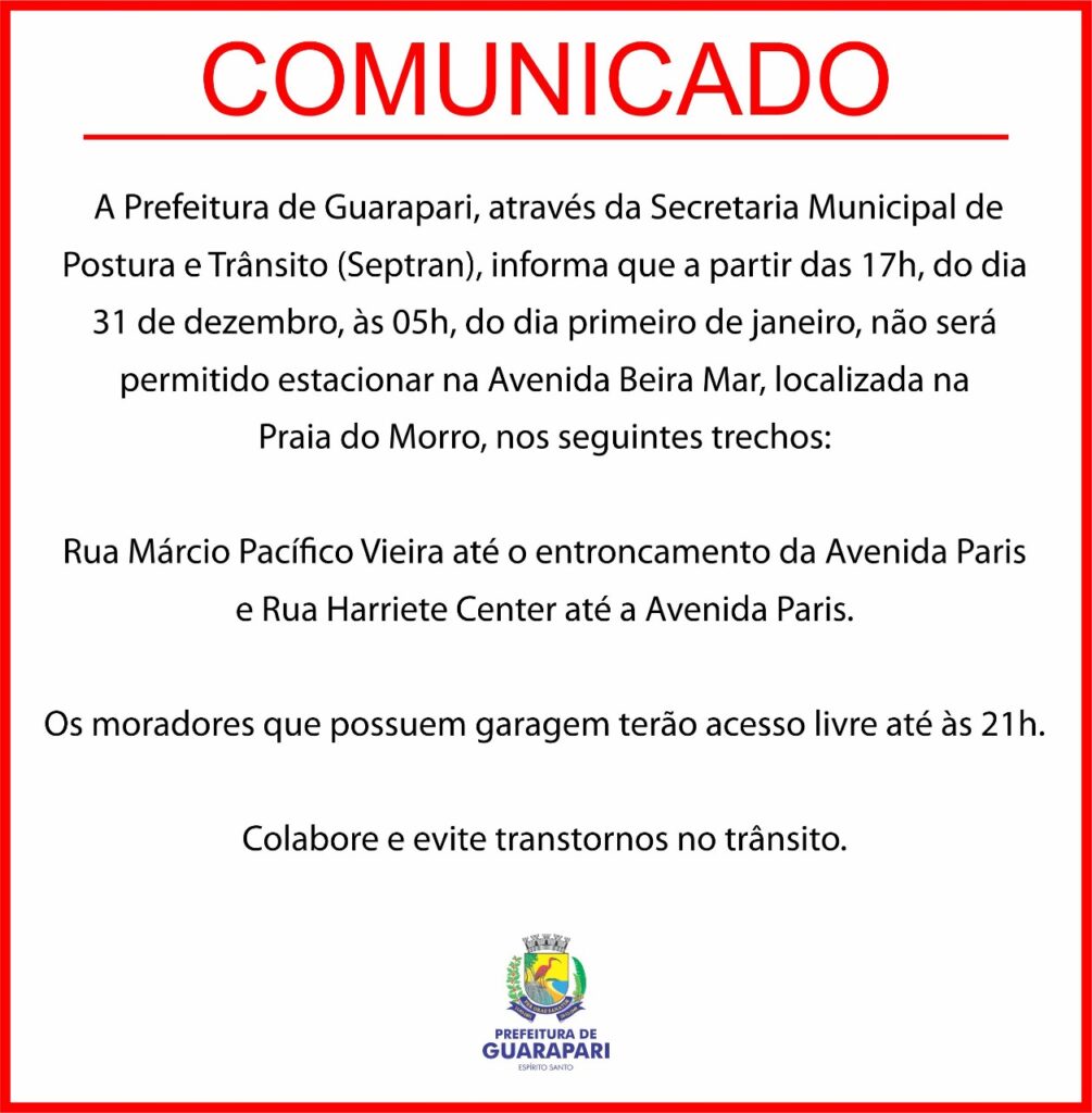 Prefeitura de Guarapari divulga interdições de vias na Praia do Morro no Réveillon