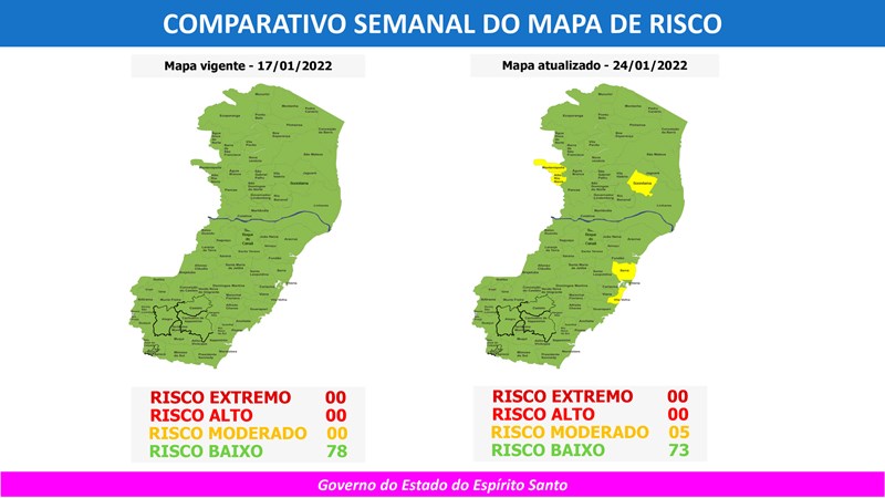 Com alta de óbitos, ES volta a ter municípios em risco moderado para Covid-19 no 91° Mapa de Risco