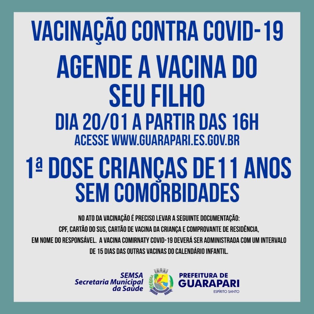 Covid-19: Agendamento de vacina para crianças de 11 anos nesta quinta (20) em Guarapari