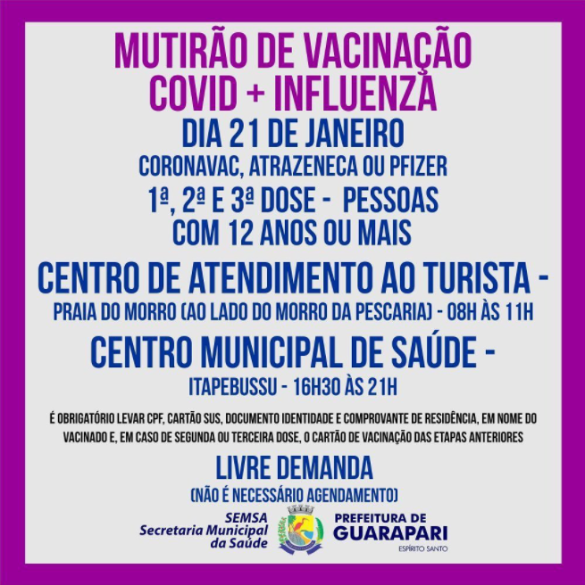 Guarapari realiza duas ações de imunização nesta sexta-feira (21)