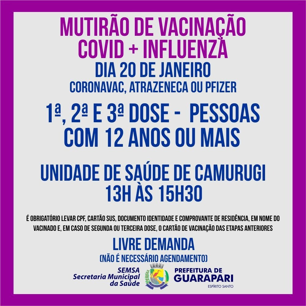 Guarapari: mutirão de vacinação contra a Covid-19 e a Influenza nesta quinta (20) no Camurugi